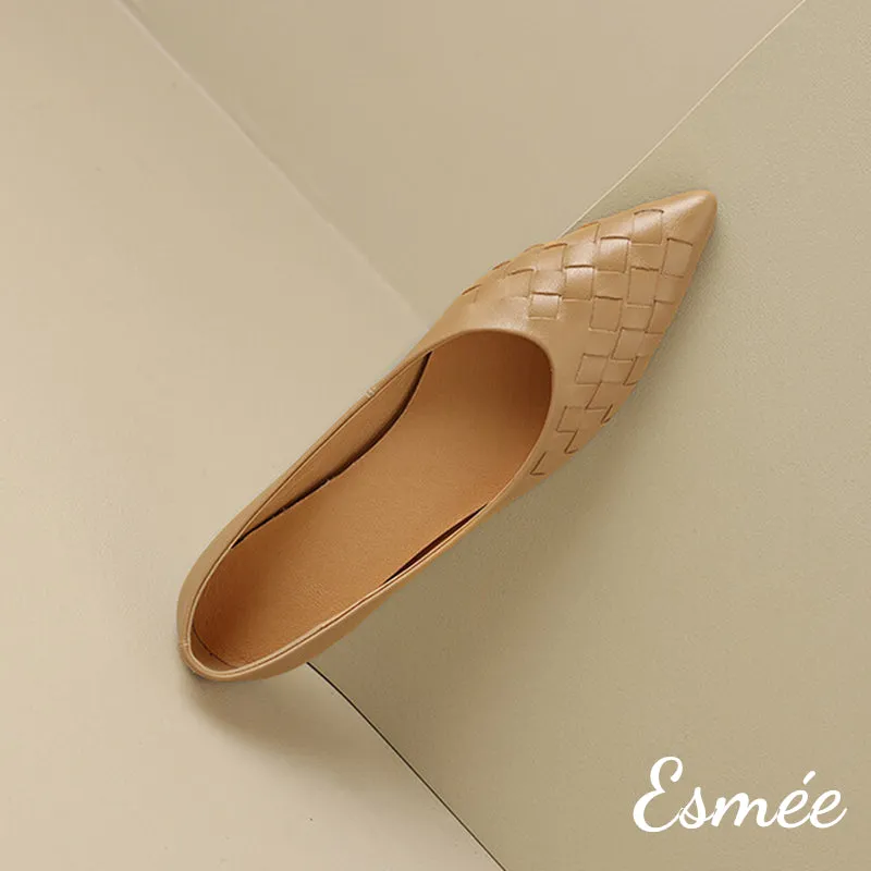 Leather Pointed Toe Flats with Woven Design