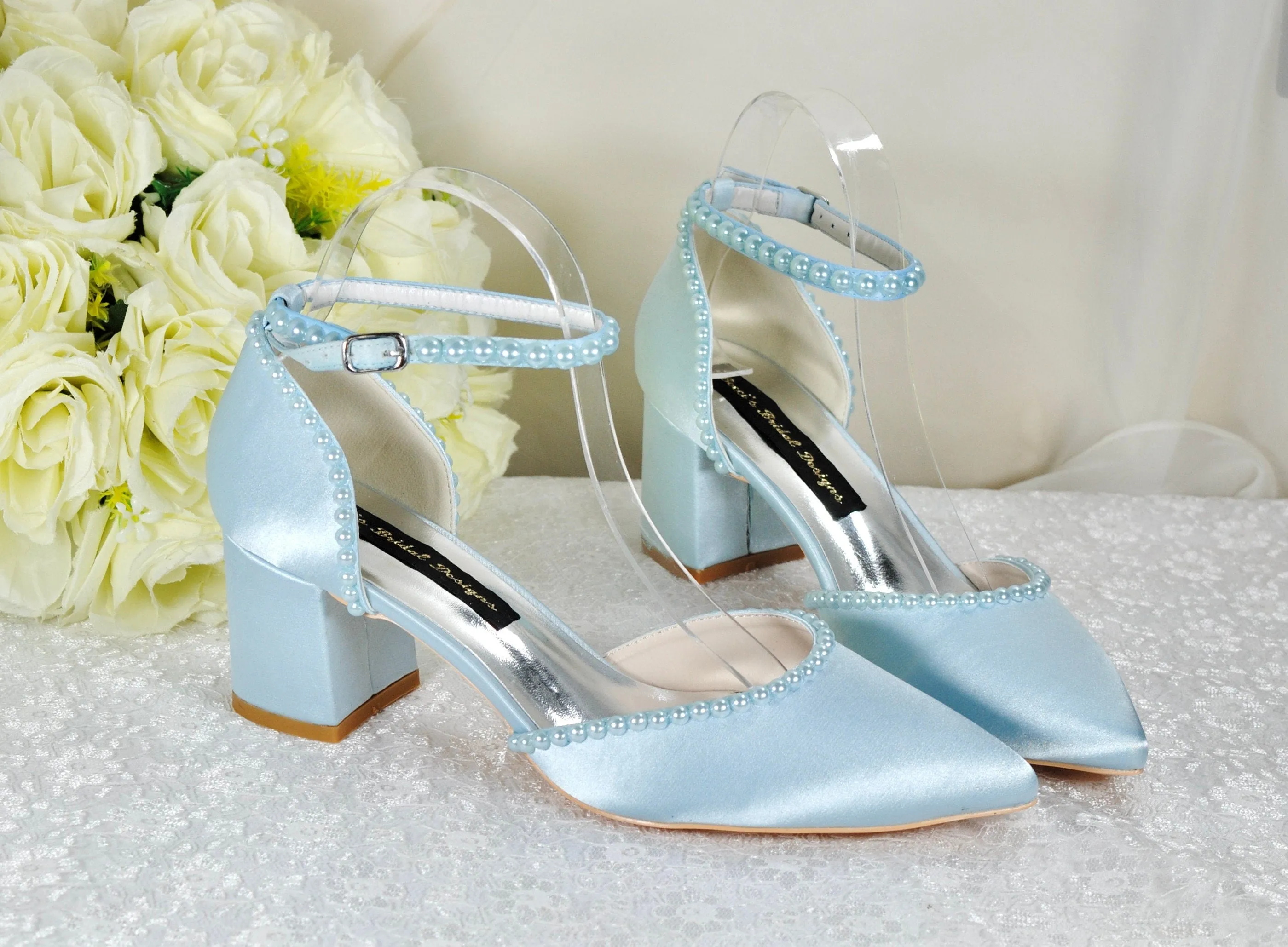 Light Blue Sandals, Satin Block Heels