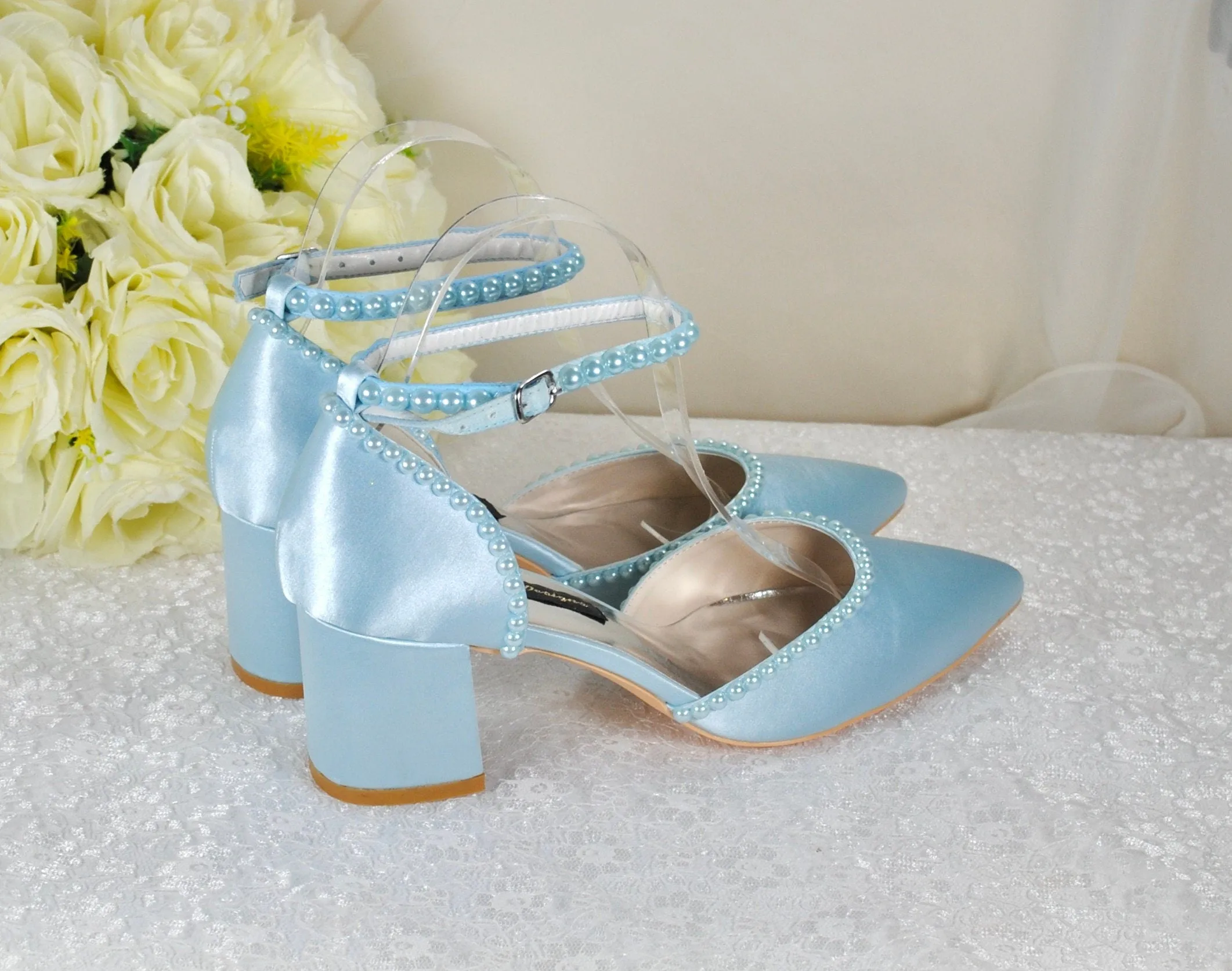 Light Blue Sandals, Satin Block Heels