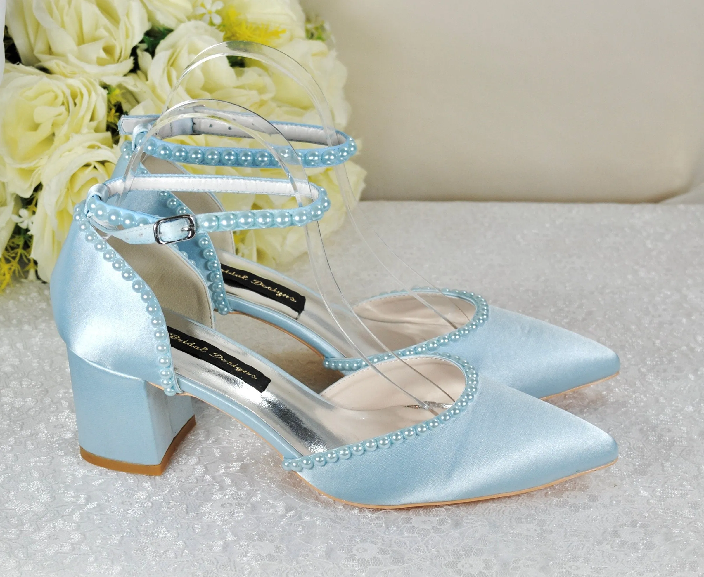 Light Blue Sandals, Satin Block Heels