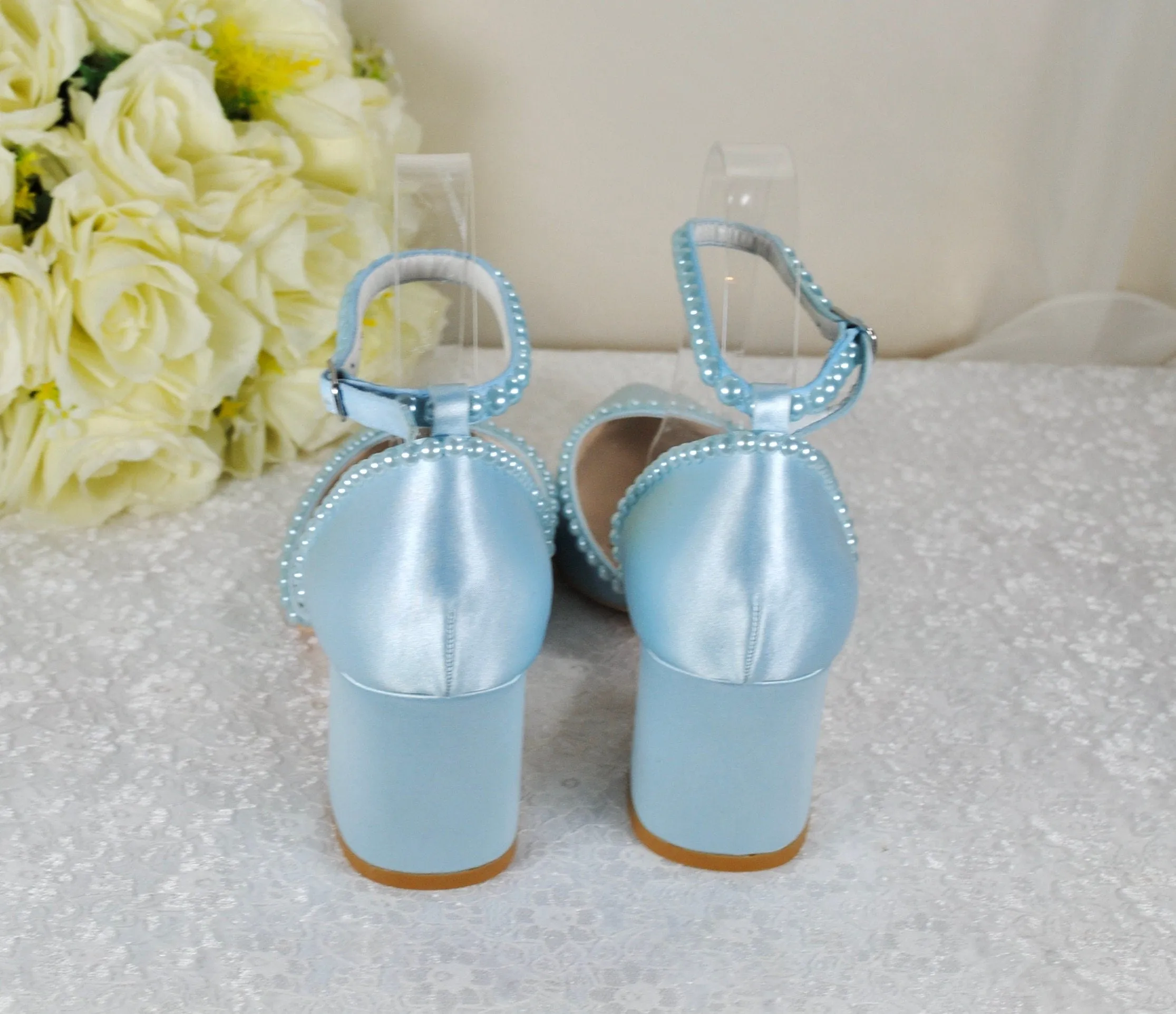 Light Blue Sandals, Satin Block Heels