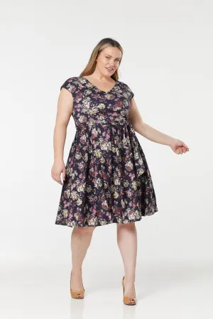 Mimi V Neck, Midi floral Cotton Sateen Dress