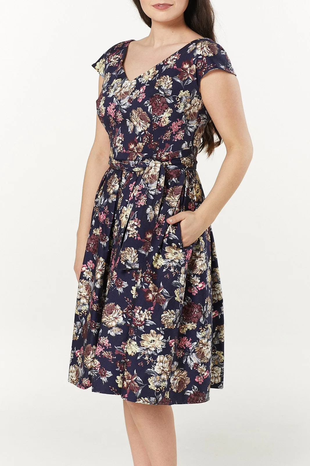 Mimi V Neck, Midi floral Cotton Sateen Dress