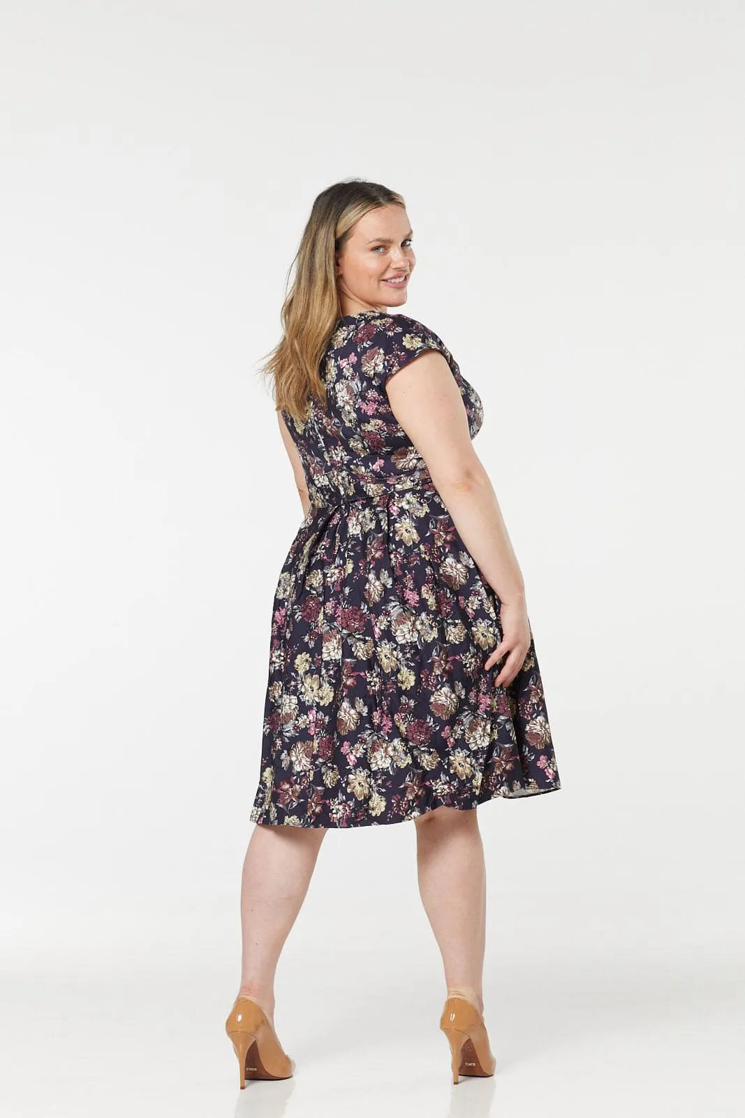 Mimi V Neck, Midi floral Cotton Sateen Dress
