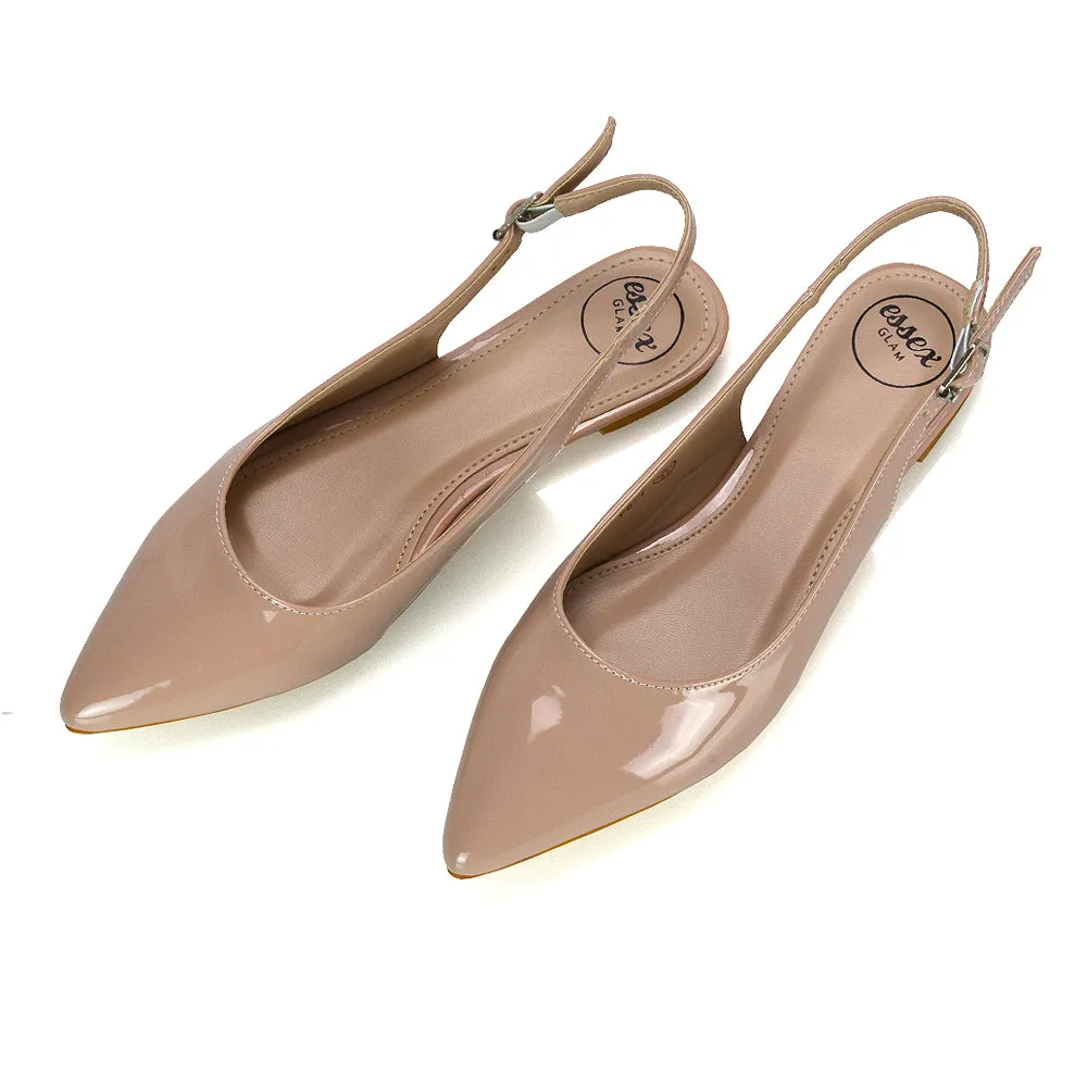 Mindy Pointed Toe Slingback Flat Ballerina Pumps in White Synthetic Leather