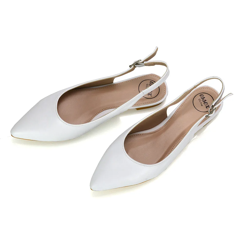 Mindy Pointed Toe Slingback Flat Ballerina Pumps in White Synthetic Leather