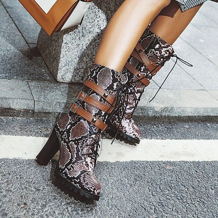 Snakeskin Lace Up High Heel Buckle Calf Boots