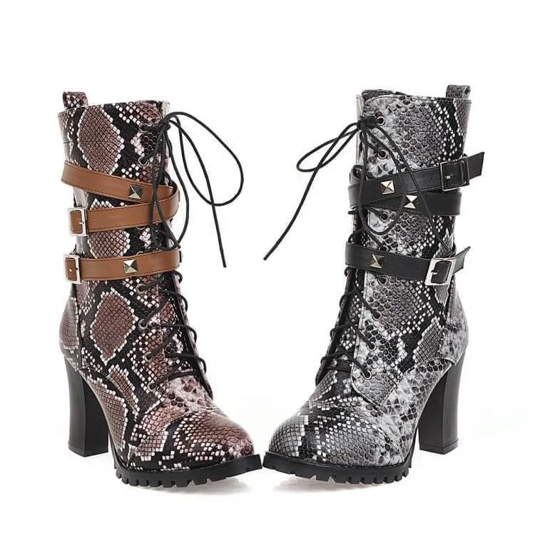 Snakeskin Lace Up High Heel Buckle Calf Boots