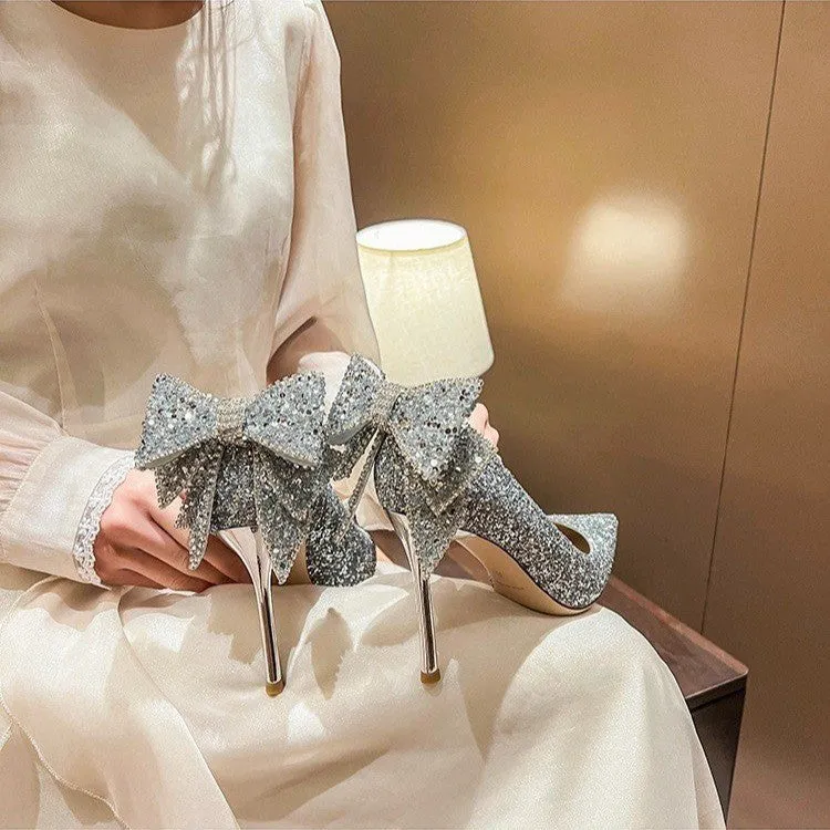 Sparkling Crystal Butterfly Bow Sequin Fashion High Heel Bridal Shoes