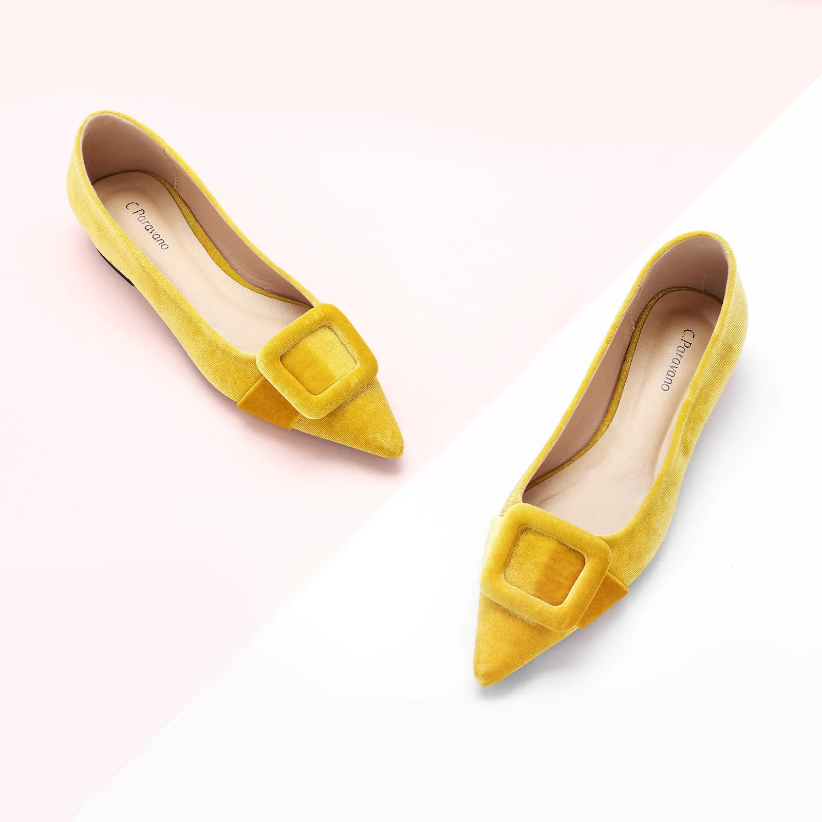 Square Buckle Velvet Flats (Aida) Yellow