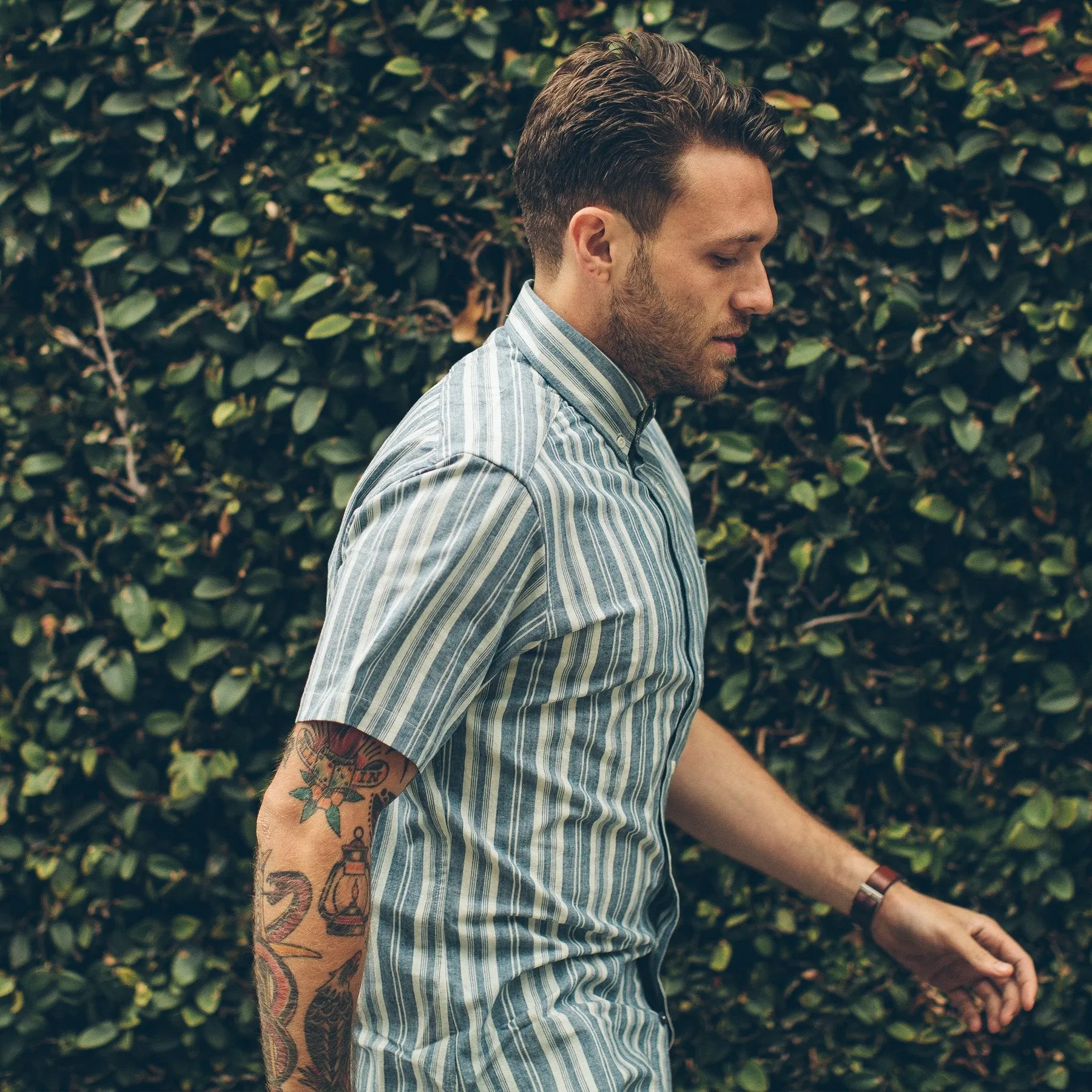 The Short Sleeve California in Blue Striped Chambray