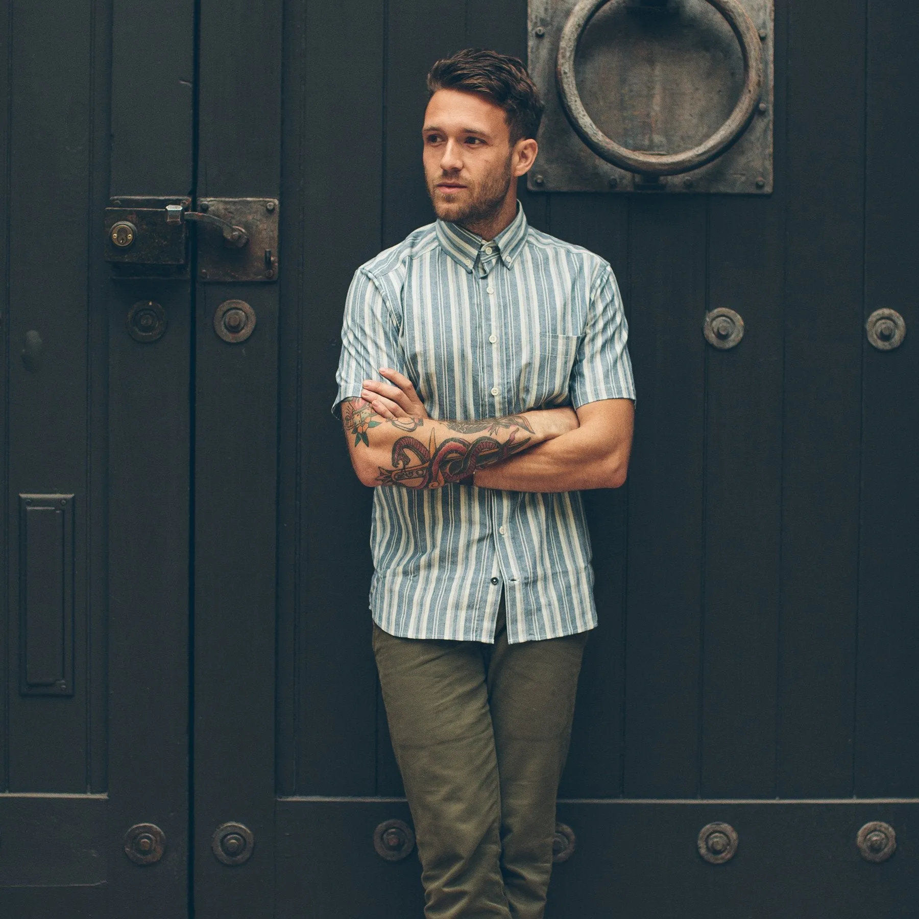The Short Sleeve California in Blue Striped Chambray