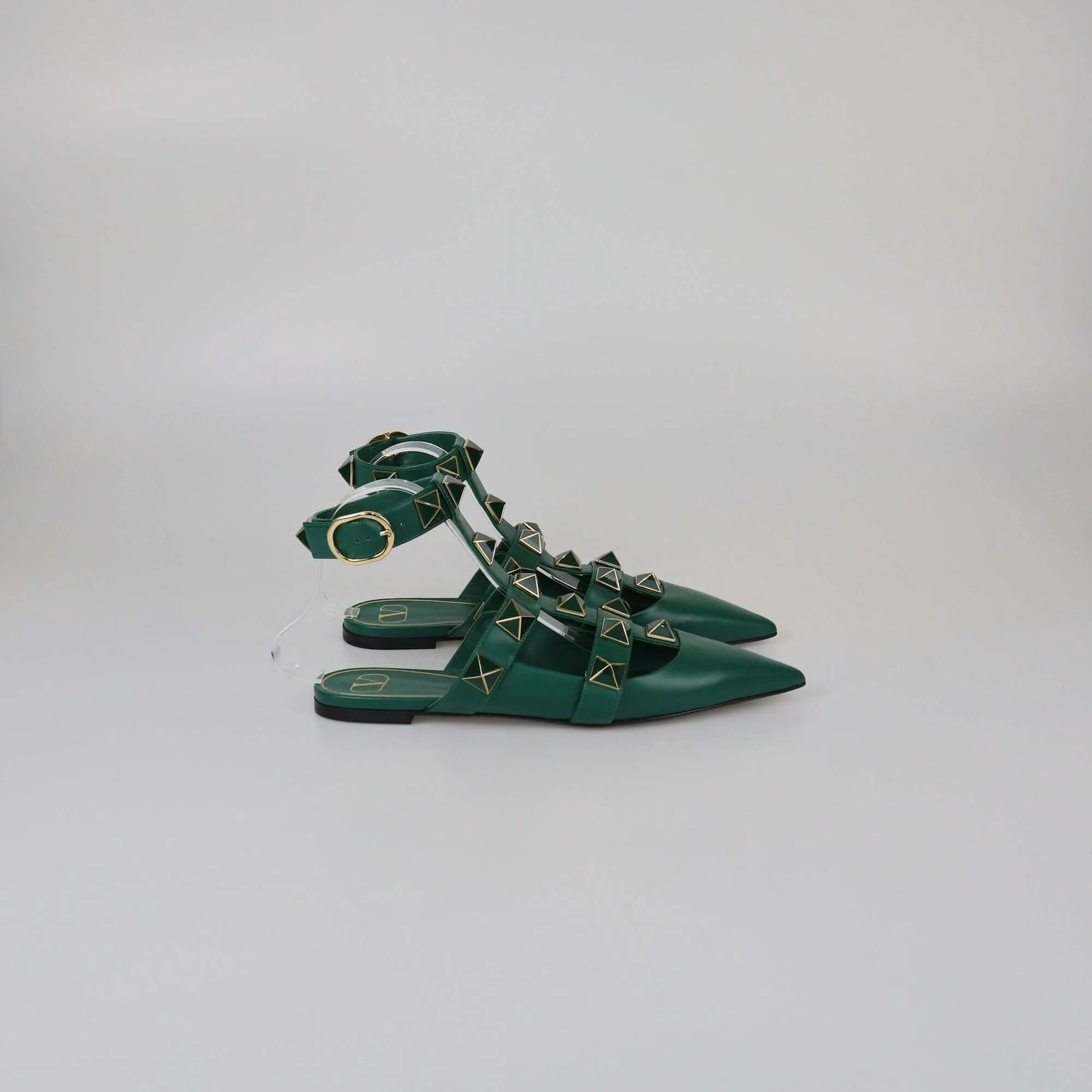 Valentino Green Roman Stud Pointed Toe Flat Sandals