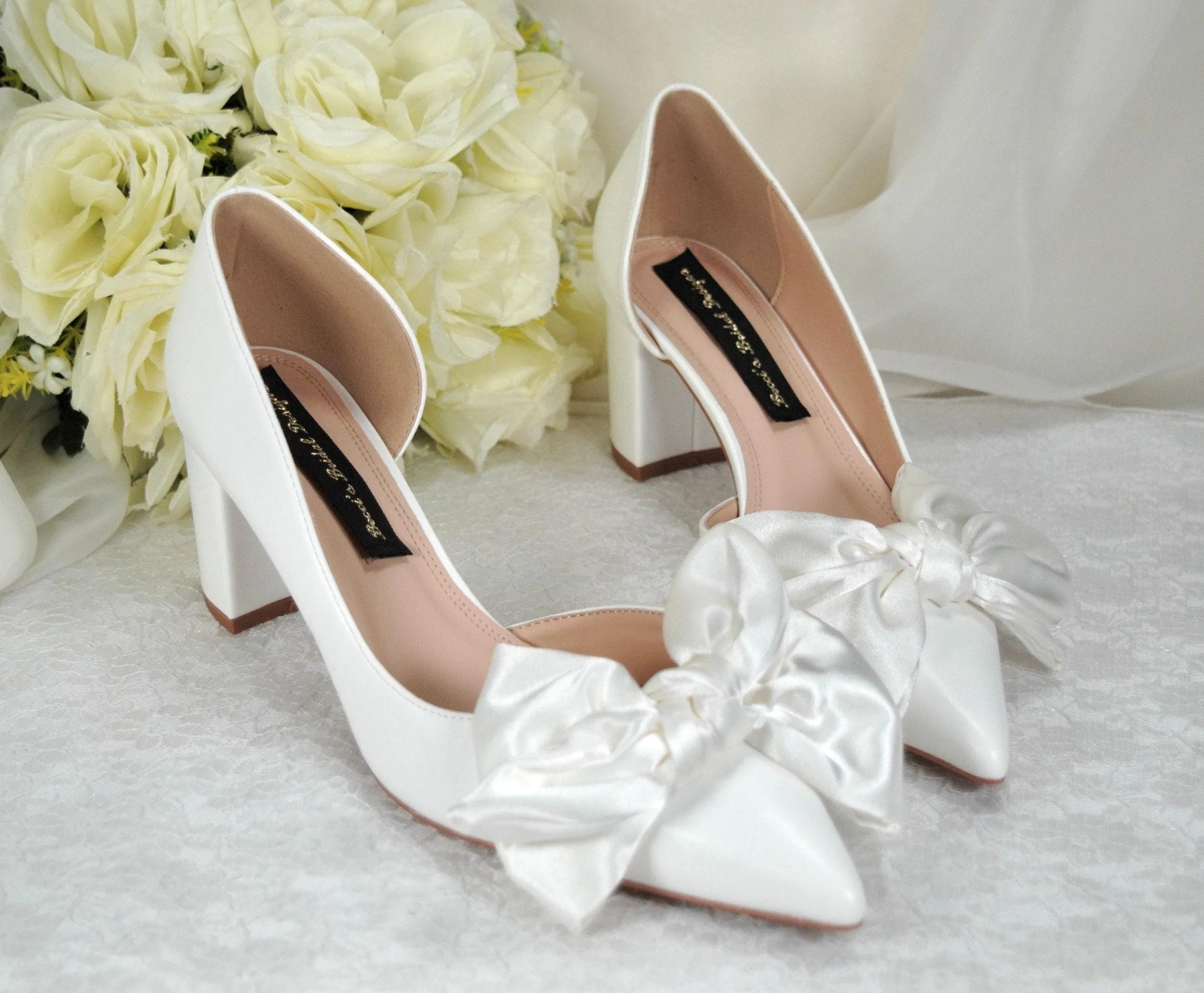 White Bow Wedding Shoes with Block Heel D'Orsey Chunky Heel, Bridal Shoe with Bows Size UK5/US7.5